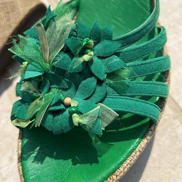 Green Slides Wedges Flower Ribbon Details Size 8 Platform Open Toe Elio Pitti - Picture 10 of 16